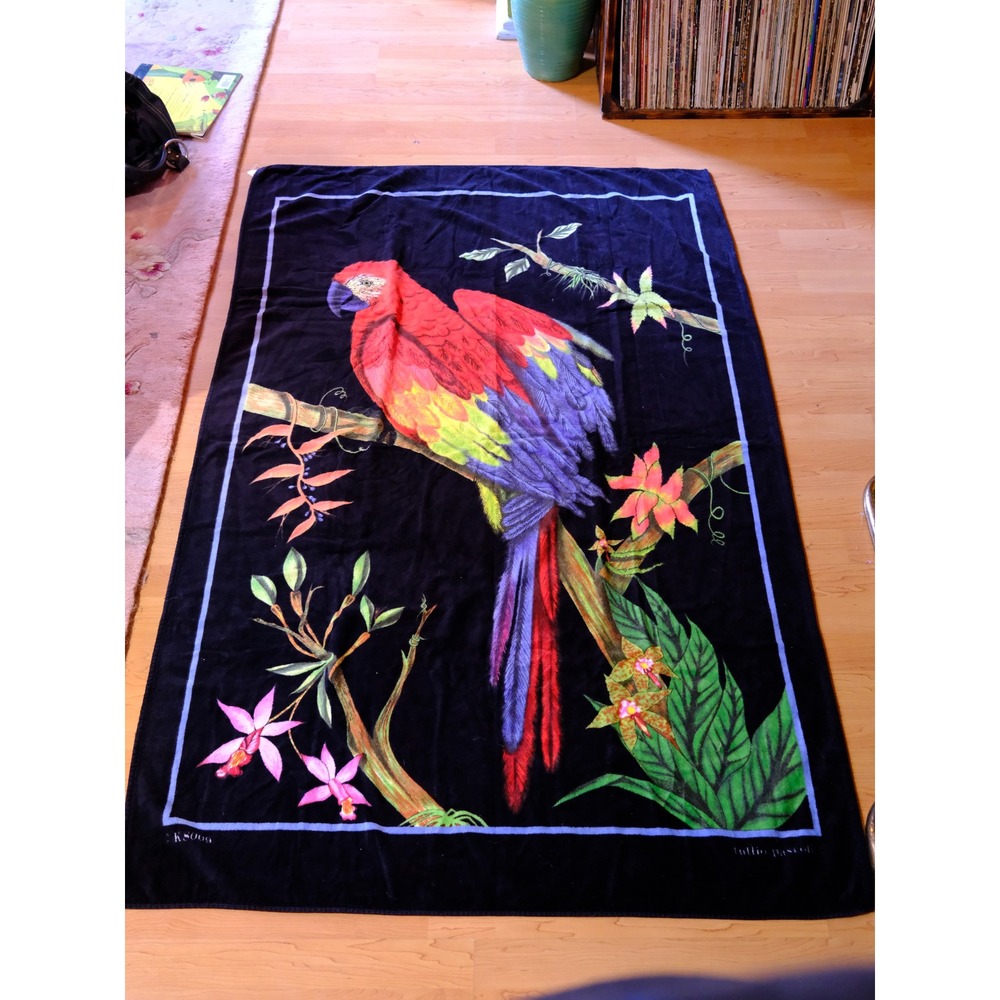 Vintage Karsten Tullio Pascoli Macaw Parrot Beach Towel Tropical Brazil 40x63